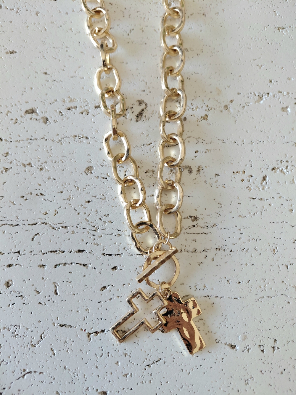 Gold Double Cross Charm Toggle Necklace - Women Jewelry